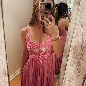 Pink Floral Crochet Vintage MIDI Dress